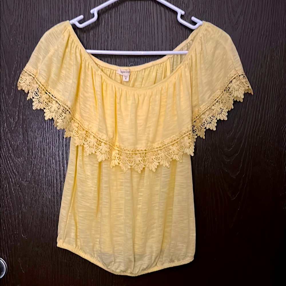 Yellow Crochet Off the Shoulder Peasant Boho Top Elastic Waist/NeckTrim Ruching
